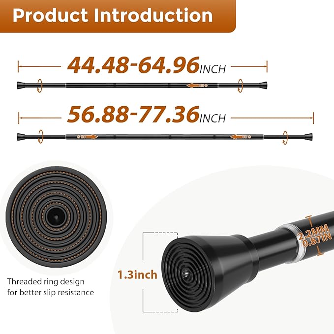 Spring Tension Curtain Rod for Windows 45 to 77 inch Black Long Tension rod Adjustable Spring Curtain Rods No Drilling Short Tension Rod for Kitchen, Closet, Bathroom, Bookshelf