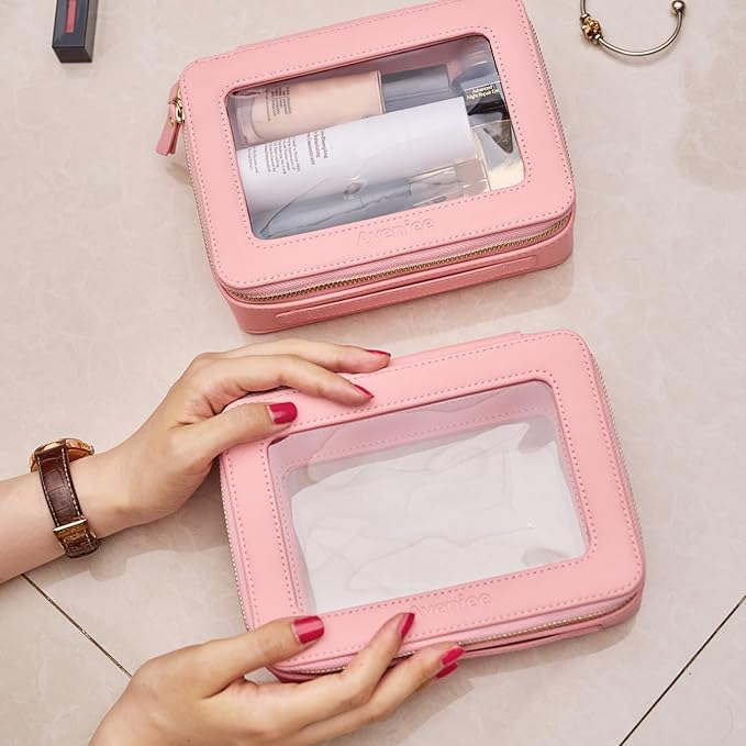 Aveniee Clear Makeup Bag Organizer Set, Portable Travel Toiletry Case for Women, Vegan Leather Cosmetic Pouch Car Bag for Essentials 2pcs, Middle & Large, Pink