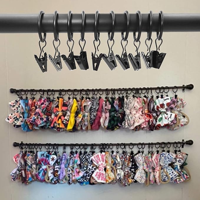 100 Pack Curtain Rings with Clips, Curtain Clip Rings Hooks, Bow Hanger Clips for Hanging Drapery Drapes Bows, Ring 1 inch Interior Diameter, Fits up to 5/8" Rod, Black