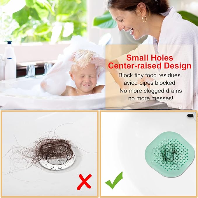 Hair Drain Catcher, Square Drain Cover for Shower, Silicone Hair Stopper with Suction Cup, Easy to Install, Suitable for Bathroom, Bathtub, Kitchen, 2 Pack (Green)