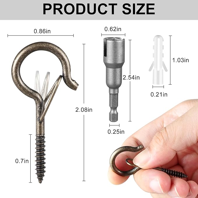36 PCS Q-Hanger Hooks, Screw Hooks for Outdoor String Lights, Safety Buckle Design Cup Eye Hook for Hanging Christmas Lights, Plants, Mounted on Wall Ceiling, Includes 1 Wing Nut Driver, Copper