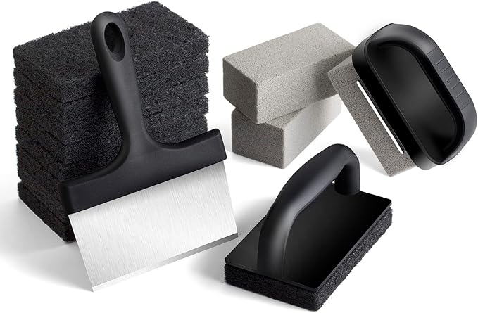 Blackstone Griddle Cleaning kit 16 Pcs, Heavy Duty Grill Cleaning Stone Bricks with Handle,Griddle Scrubber Scouring Pads with Handle and 6" Grill Scraper,Griddle Cleaner Brush Set for Flat Top