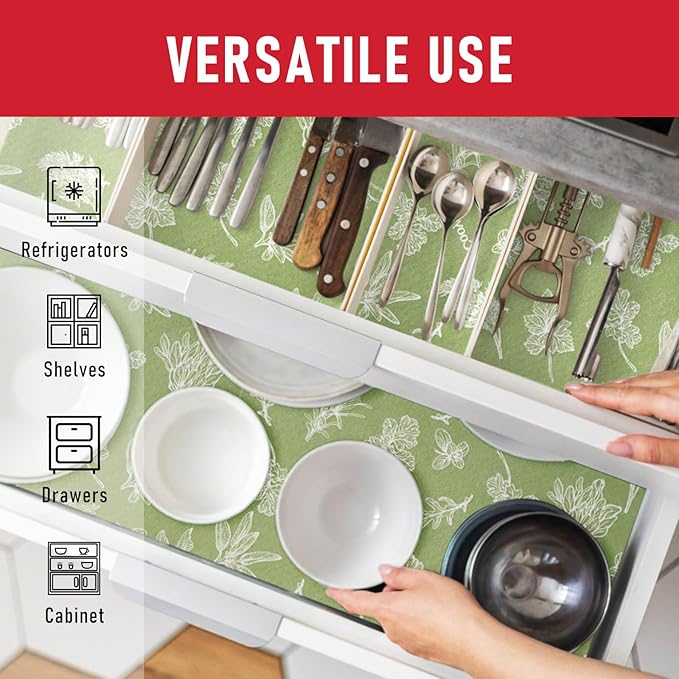 Cooyes Shelf Liner for Refrigerator & Drawer, Non-Adhesive Cabinets Liner for Kitchen Cupboard & Fridge, Breathable Cloth Material, Vegetable-Patterned, 6 Pack 12“ × 24”, Sage Green