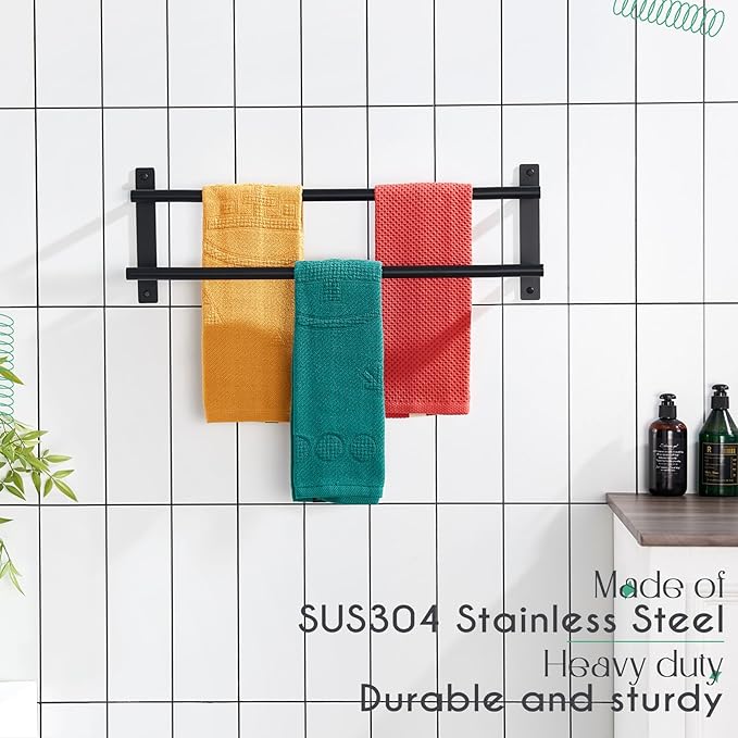 KOKOSIRI 20 Inch Double Towel Bar Bath Towel Racks Bathroom Towel Holder Towel Storage Towel Shelf Wall Mounted Stainless Steel Matte Black B5010BK-L20