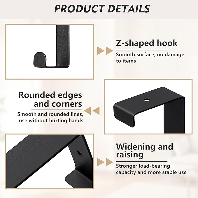OUYIALY Over The Door Hooks, 2-Pack Heavy Duty Towel Rack Hanger for Bathroom, Bedroom, Dorm Room, Fixed Door Hooks for Hanging Robe, Coat, Towel, Organizer (Black)