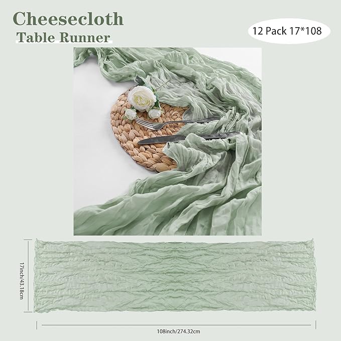 Bailarina 25 Pack Cheesecloth Table Runner 17x108 Inch Long Gauze Cheese Cloth 9ft Wrinkled Sheer Table Runner for Wedding Reception Birthday Party Table Decoration (Sage Green)