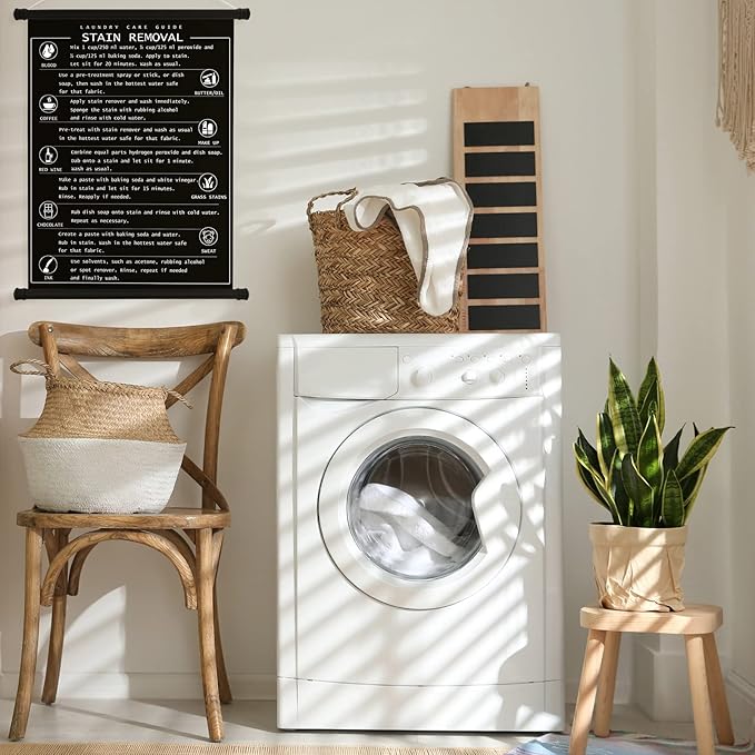 Gersoniel 2 Pieces Laundry Room Decor Symbols Wall Art Hanging Symbols Guide Wall Decor Stain Removal Theme Sign Laundry Care Room Art Ready to Hang Sign, 11.8 x 15.7 Inches(Black)