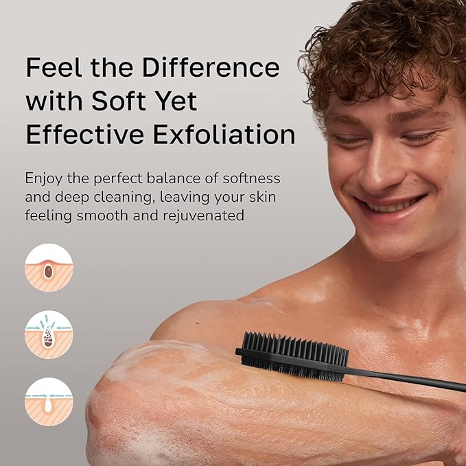 Silicone Back Scrubber with Long Handle - Octagon Body Brush for Shower, Bath, and Exfoliating - Skin Cleansing, Back Scrub and Gentle Silicone Sponge - Wash Your Body with Easy Reach - Silver