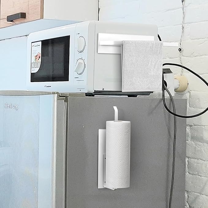 Paper Towel Holder Magnetic, Magnetic Paper Towel Holder for Fridge, Toilet Paper Roll Holder Magnet Towel Rack Wall Mount Shelf Bar for Towels Rolls Home Kitchen RV Dorm Wall Decor, White 2 Pack