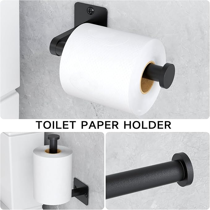 KLJKPA 4 Pieces Bathroom Hardware Set, 32 inch Towel Bar, Matte Black Bathroom Accessories Set, Towel Racks for Bathroom, Robe Towel Hooks, Toilet Paper Holder Wall Mounted