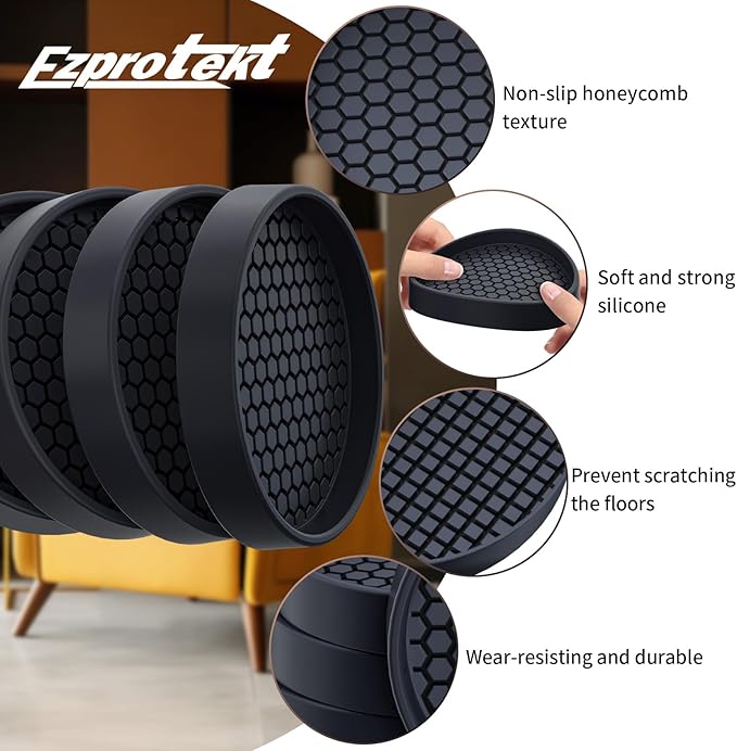 Ezprotekt Non Slip Furniture Pads, 8 Pcs 3" Anti Skid Rubber Furniture Caster Cups, Anti-Slip Furniture Coasters for Hardwood Floors, Anti Slide Floor Protectors for Bed Couch Stoppers (Black)