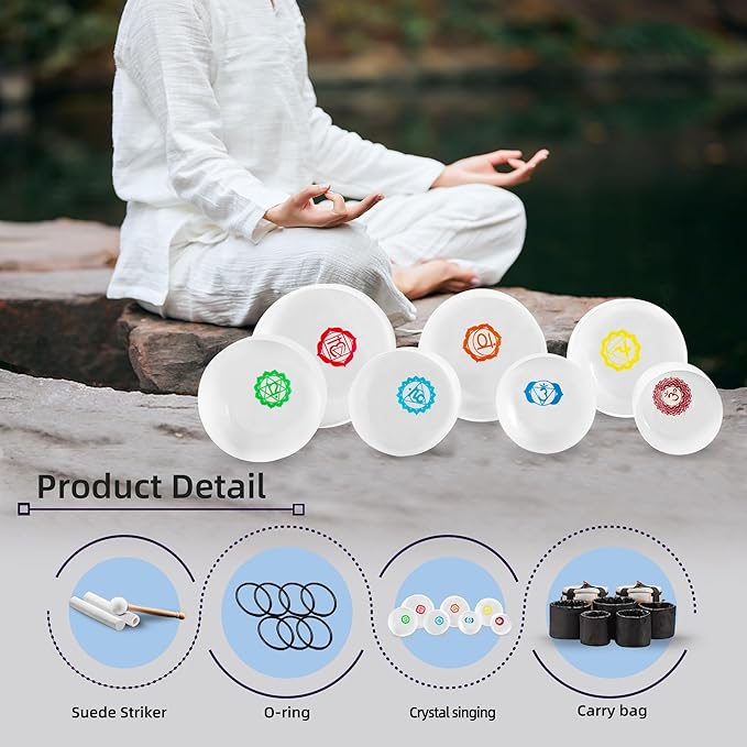 Ryan Dvan 432Hz 7-12 Inch 7 Chakra Design Crystal Singing Bowl Set Frosted Quartz Crystal Sound Therapy Kit with Mallets 2 Cases O-Ring for Yoga Meditation Energy Balancing Reiki Healing