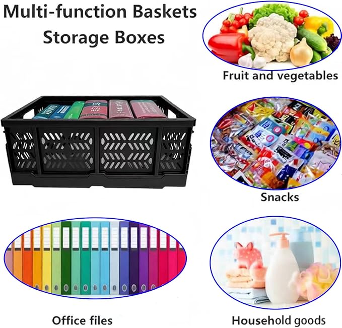 TSMAPLE 4-Pack 20L Foldable Storage Crates, Heavy Duty Plastic Milk Crates for Storage, Multi-Purpose Organizer Box, Collapsible Basket with Handle Suitable for Home Office School Store, Black