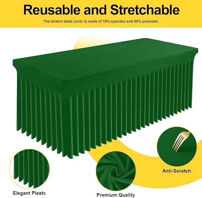 Smiry Spandex Tablecloth, Elastic Fitted Stretch Tablecloth for 6FT Rectangle Tables, Waterproof Washable Table Cover Skirt for Outdoor, Wedding, Banquet & Parties (Emerald Green, 72Lx30Wx30H Inch)