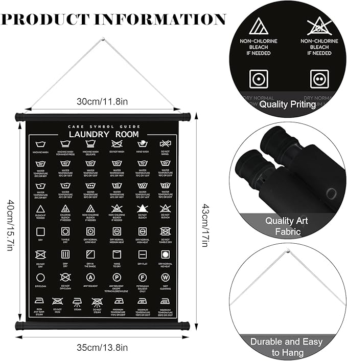 Gersoniel 2 Pieces Laundry Room Decor Symbols Wall Art Hanging Symbols Guide Wall Decor Stain Removal Theme Sign Laundry Care Room Art Ready to Hang Sign, 11.8 x 15.7 Inches(Black)