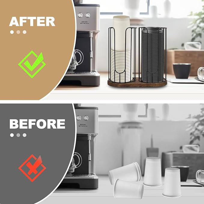 2-Compartment 18oz Coffee Cup Dispenser Rack with Wood Base, Disposable Cup, and Lid Organizer for Countertop - Perfect for Paper Cups and Lid Organizer