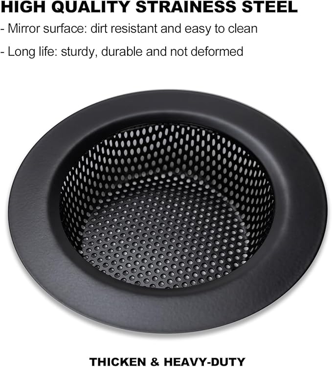 Huntonry Black Kitchen Sink Drain Strainer, Sink Drain Cover, Food Catcher, Large Wide Rim 4.5" Diameter, Stainless Steel, Pack of 2