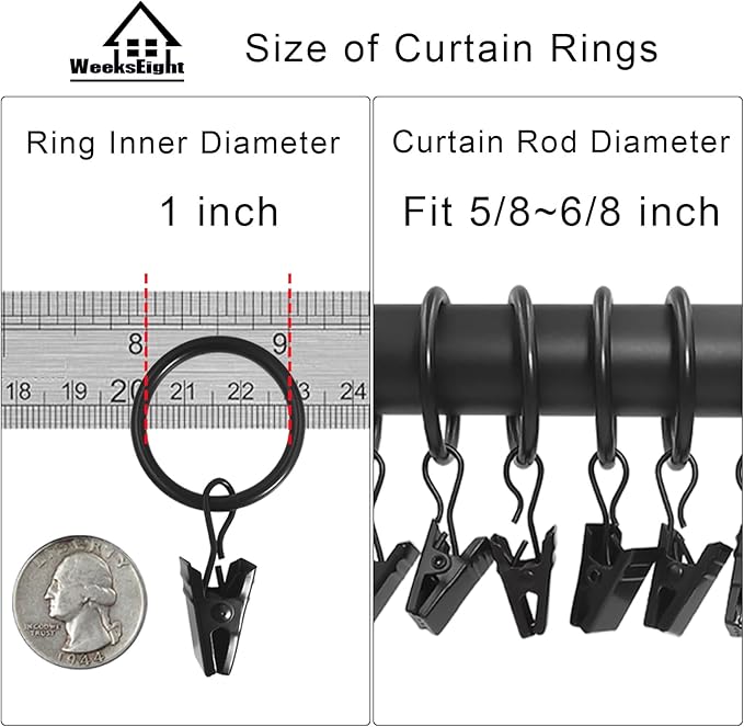 WeeksEight 44 Pack Black Curtain Rings with Clips, Curtain Hooks Hangers Clip Rings for Hanging Drapes Bows Hat, Drapery Rings 1 in I D, Fits up to 5/8 in Diameter Curtain Rod.