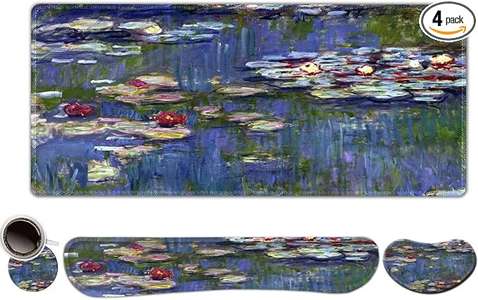 ToLuLu Extended Gaming Mouse Pad, Memory Foam Ergonomic Keyboard Mouse Wrist Rest Support Set, Large Desk Mat with Stitched Edges, Non-Slip Base Mousepad for Home Office Game, Monet Water Lilies