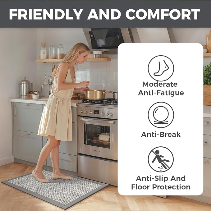 YDKGL Kitchen Rugs Mat Non Slip Washable, 0.4" Thick Anti Fatigue Cushioned Kitchen Mats for Floor, Absorbent Jute-Look Kitchen Runner Rug Sink Mat Laundry Standing Mats, Easy Clean, Gray 17"x47"