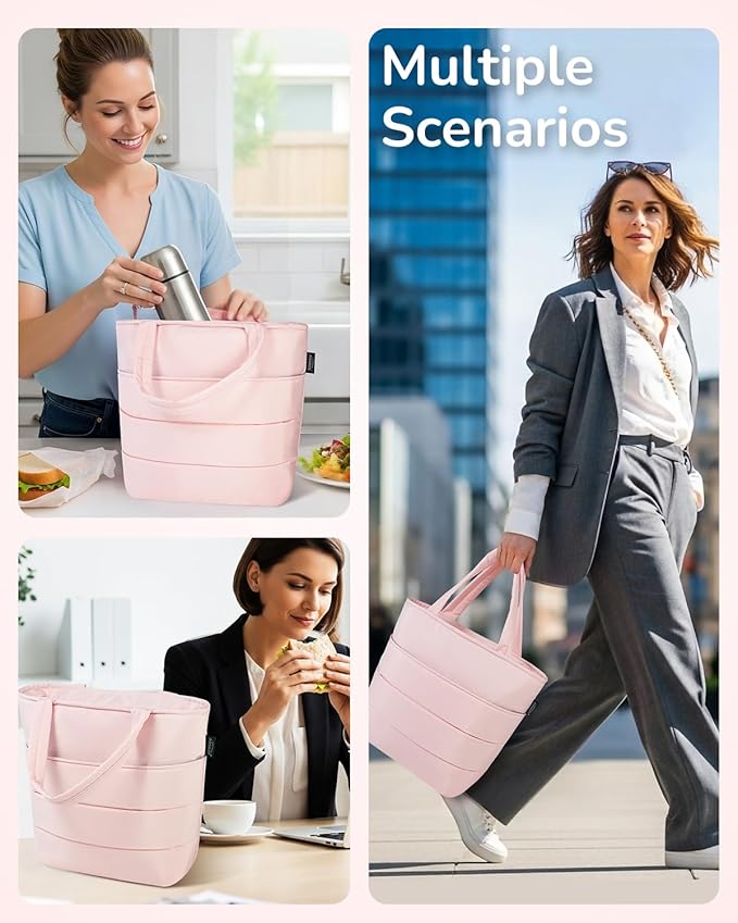 Aosbos Quilted Lunch Bag - Leakproof Puffer Insulated Tote, Lunch Box for Women, Work, Office, Picnic, Pink