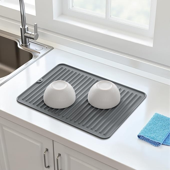 Songrey 14" x 10" Silicone Dish Drying Mat, Kitchen Counter Drying Pad for Sink Dishes or Under Rack, Multi-Use as Heat Resistant Trivet, Coffee Bar Mat