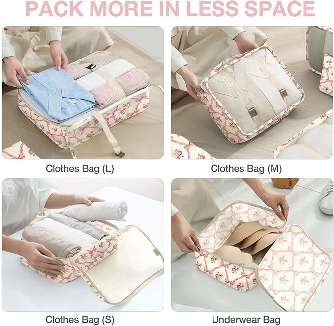 8 Set Packing Cubes for Suitcases, Packing Cube with Shoe, Cosmetics, Clothing, and Accessories Bags, Packing Cubes for Travel, Luggage Organizer for Women and Men (Bow Flowers)