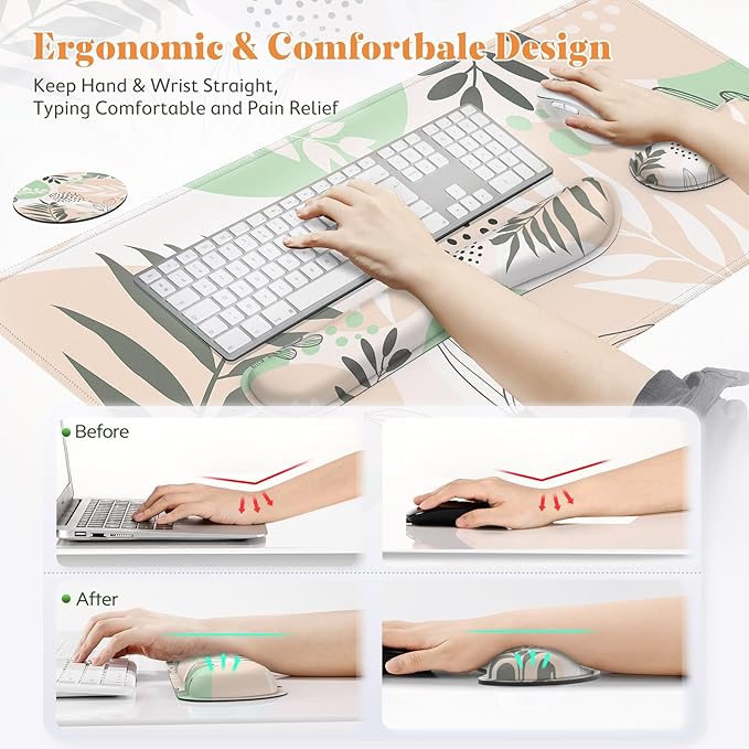Gimars 4-in-1 Mouse Pad and Keyboard Wrist Rest Set, Large Mouse Pad with Memory Foam Wrist Support Pad for Desk with Coaster, Easy Typing Pain Relief, Gaming Office Home 31.5x12 inch, Morandi Beige
