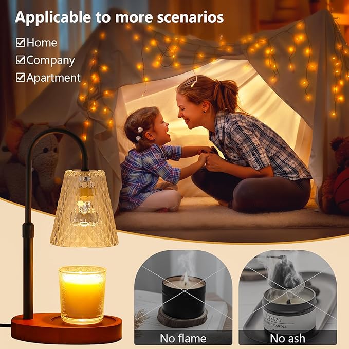 Candle Warmer Lamp with Timer: Electric Candles Warmers Adjustable Height Dimmable - Large Wax Candle Warmers Lamps Scented Flower Light - Home Decor Vintage Wood Base Shade Heat Modern Style Black