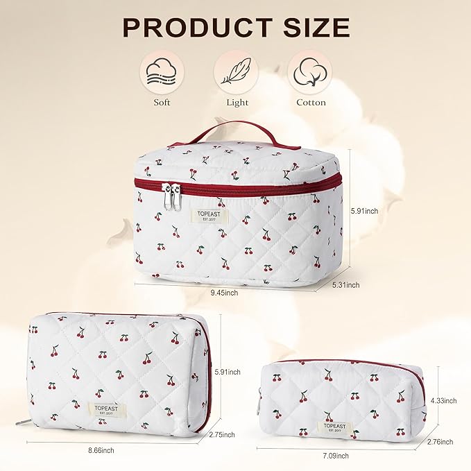 TOPEAST Christmas Gifts for Women Girls - 3Pcs Travel Makeup Bag Large Cotton Quilted Make Up Brush Bags, Portable Cute Cosmetic Bag Sets Machine Washable Toiletry Pouch, Cherry