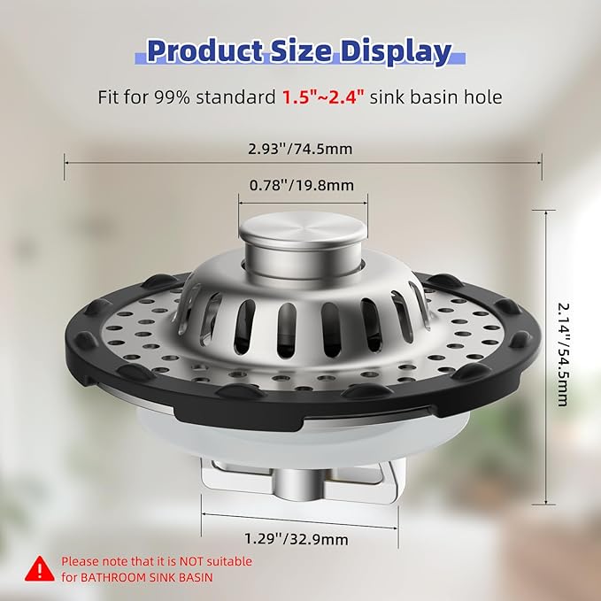 Metal 2 Pack Bathtub Drain Stopper with Top Hair Catcher, 3 in 1 Pop-up Bathtub Strainer, Tub Stopper with Detachable Stainless Steel Filter Basket for Standard 1.5 to 2.4'' Drain, Brushed Nickel