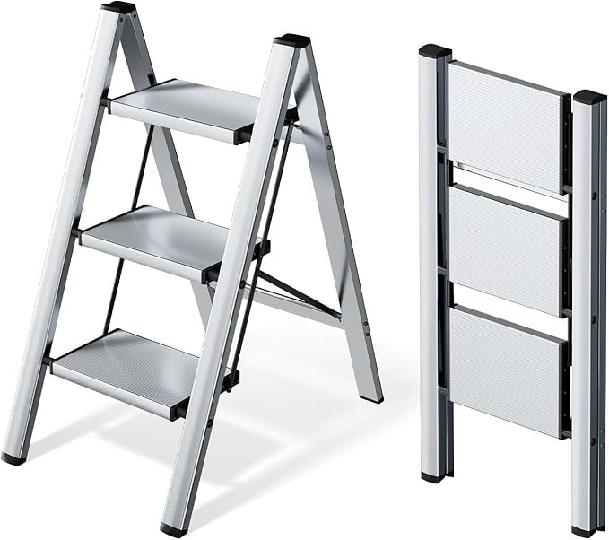 HillhutApex 3 Step Ladder, Lightweight Portable 3 Step Stool with Anti-Slip Wide Pedal,330lbs Capacity Aluminum Ladder for Household,Office,Library(Silver)