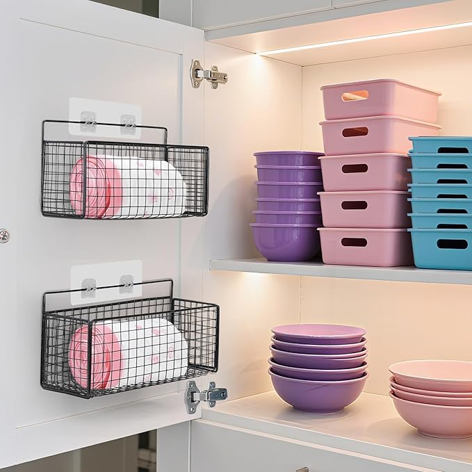 2 Pack Large Adhesive Cabinet Organizer - Lid Organizer Inside Cabinet Wall Mounted Pantry Door Caddy for Food Container Lid Kitchen Under Sink Basket