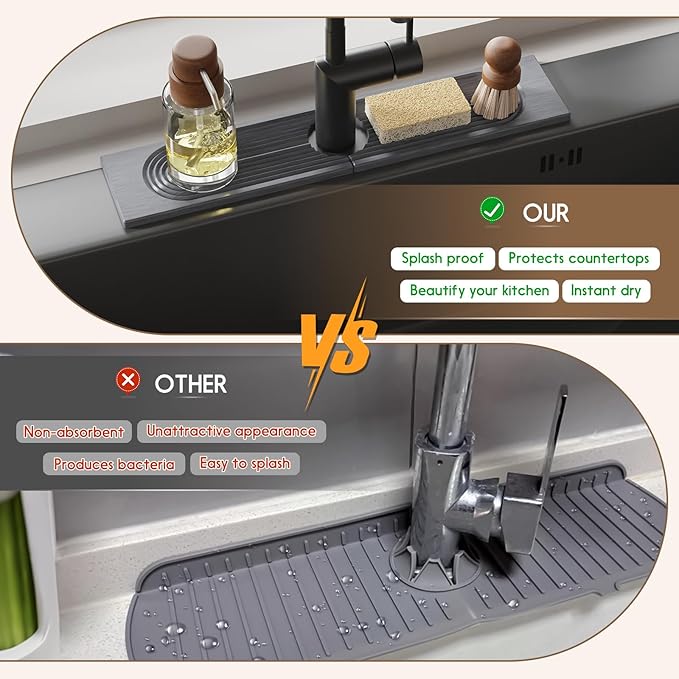 Faucet Mat for Kitchen Sink, Diatomite Quick Drying Tray, 20 Inch Kitchen Sink Splash Guard and Bathroom Stone Tray for Counter. Super Absorbent. Deep Grey.