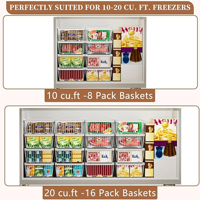 Large Freezer Organizer Bins, Upgraded Bottom Leak-Proof Net, 2 Pack, Expandable Stackable Chest Freezer Containers with Handle, for Fridge, Deep Freezer, Cabinet, Kitchen, Pantry (White-2Pack)