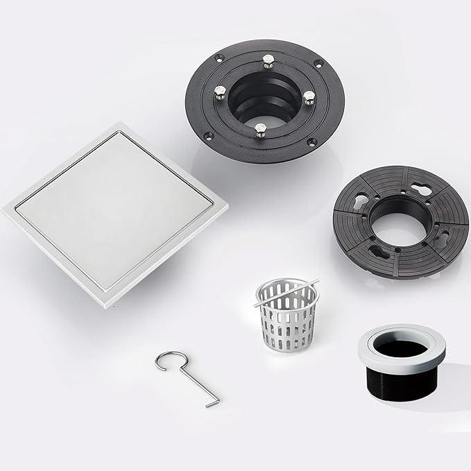 6 Inch Square Shower Floor Drain, Shower Drain Kit with Flange and 2 in 1 Tile-Insert Cover, Square Shower Drain, SUS 304 Stainless Steel Floor Drain, Silver