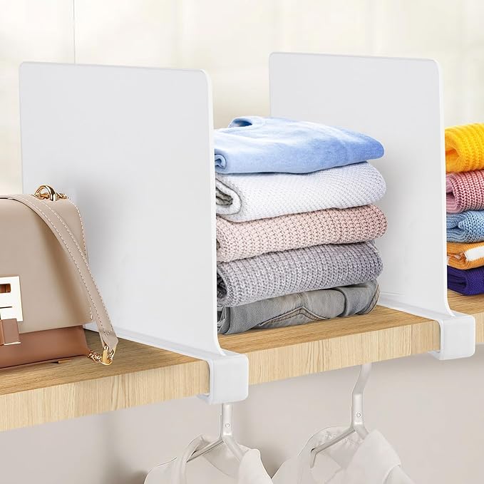 JOY DECOR 12 Pack Acrylic White Shelf Dividers for Closets Organizer and Storage Adjustable Vertical Wood Shelf Closet Separators for Clothes,Book,Bags in Bedroom and Kitchen