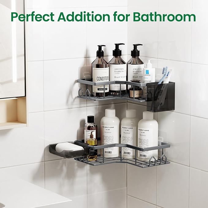 Adhesive Shower Caddy, 4 Pack Corner Bath Organizer, Rustproof Stainless Steel Shower Shelves with Large Capacity, No-Drill Shelves for Bathroom Storage, Home, Kitchen Decor (Dark Grey).