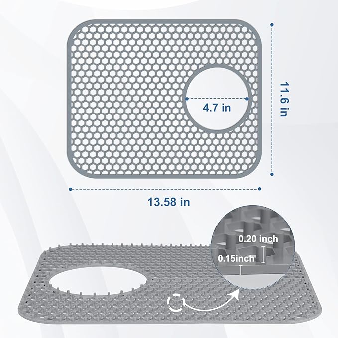 Silicone Kitchen Sink Protector Mat with Rear Drain - 13.58''x 11.6'' Kitchen Sink Accessory, Folding Non-Slip Heat Resistant Mat Grid for Bottom of Stainless Steel Porcelain (Rear Hole)