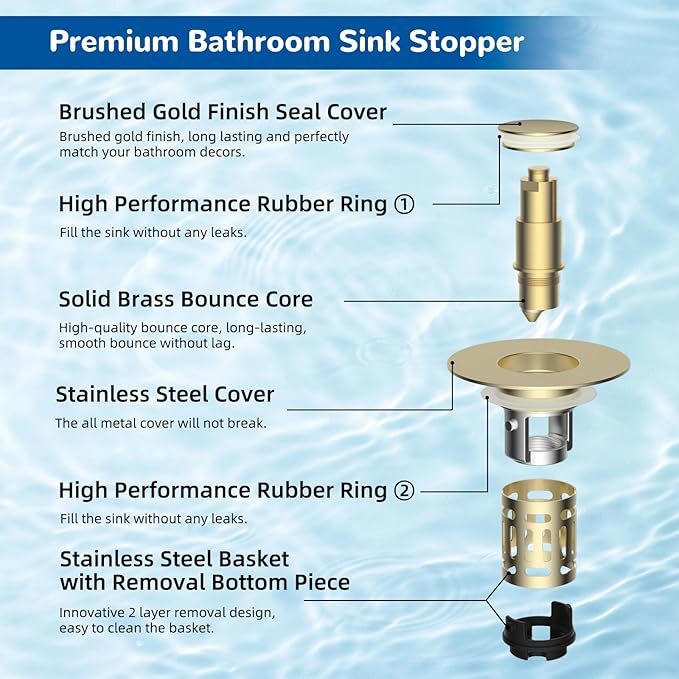 Hibbent Upgraded 3 in 1 Bathroom Sink Drain Strainer, Universal Pop Up Stopper with Removable Stainless Steel Filter Basket Hair Catcher, Sink Plug for 1.1''~2.36'' Basin, Brass Core, Brushed Gold