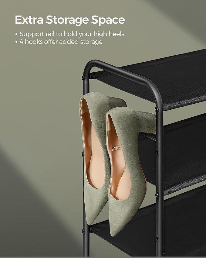 SONGMICS Shoe Rack, 3-Tier Shoe Organizer, Fabric Shoe Shelf Storage with 4 Hooks, Holds up to 18 Pairs of Shoes, Height-Adjustable Shoe Rack for Entryway, Hallway, Closet, Easy Assembly, Ink Black