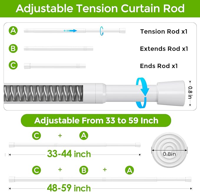 2 Pack Spring Tension Rods 33-59 Inches Adjustable White No Drill Spring Loaded Curtain Rod Small Short Tension Curtain Rod Expandable Tension Rod for Windows, Kitchen, Doorway, Bathroom, Cupboard Bars
