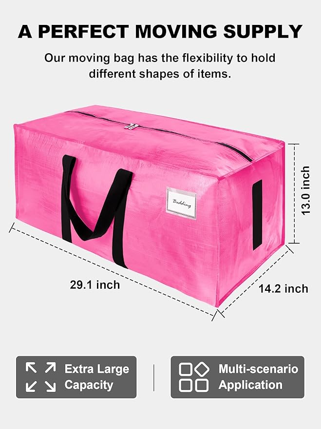 HOMESURE Supports 200lbs Heavy Duty Moving Bags - Strong Zipper & Wrap-Around Handles - Water-Resistant Storage Totes, Durable Alternative to Moving Boxes - 8 Pack - Pink