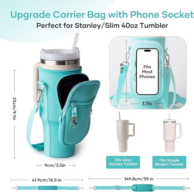 linmaya Water Bottle Carrier Bag for Stanley Cup 40/30oz with Phone Holder Pockets, Neoprene Water Bottle Cross-body Bag with Adjustable Shoulder & Hand Strap Stanley Cup Accessories