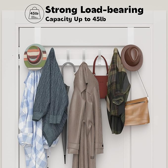 Peasulin Over The Door Hooks, Sturdy Door Hanger, Large Over The Door Towel Rack with 12 Hooks, Heavy Duty Easy to Install, for Bathroom, Bedroom, Kitchen, Hanging Towels, Coats (White)
