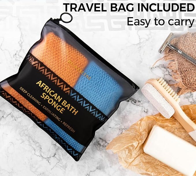 African Net Sponge Authentic - 2 Pieces Exfoliating Body Scrubber Bath Sponge Babyblue&Orange - Back Scrubber Washcloth for Shower - Real African Scrub Exfoliator Body Care Bathing Accessories