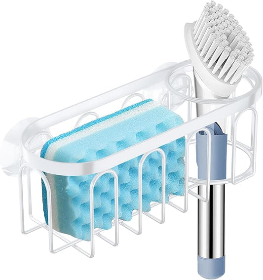 Yazoni 2-in-1 Sponge Holder for Kitchen Sink, Suction Cup Sponge Rack Kitchen Caddy, No Drill Rustproof Sink Organizer Holder for Place Dishwashing Brush Soap (White)