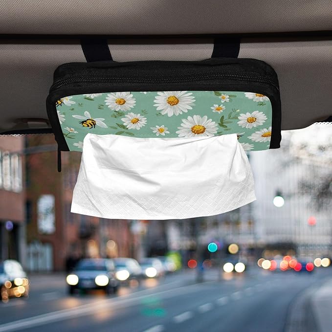 Car Tissue Holder Car Napkin Holder Car Tissue Box Dispenser Storage Case Sun Visor Mask Holder with Adjustable Straps Reusable Refillable Mint Green Daisy Flowers and Bees