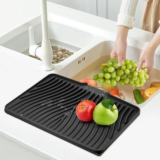 TIKNIK Silicone Dish Drying Mat, Stone Drying Mat for Kitchen Counter with Built-In Drain, Non-Slip Drain Pad with Built-in Drain, Heat Resistant Stone Drying Mat, 1Pcs Black(20" x 15")
