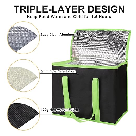 1-Pack Insulated Reusable Grocery Bags, X-Large Insulated Food Delivery Bag for Delivery Drivers, Commercial Food Warmer for Shopping, Tote Cooler Bags, Black with Green Edge